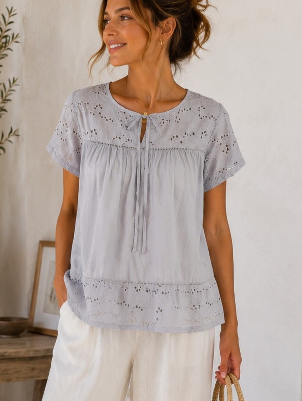 100% Cotton Eyelet Embroidered Boho Blouse Pale Blue Size M Ilanco